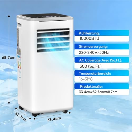 LEADZM Mobile Klimagerät 10000BTU 1120W bis 32㎡ Abluftschlauch | Kompakte mobile Klimaanlage für Wohnzimmer Büros