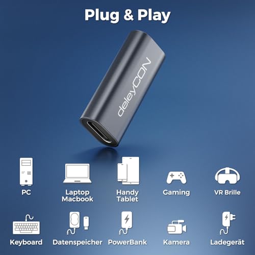 deleyCON USB-C Kupplung USB 4.0 40Gbps 240W 8K@60Hz Buchse auf Buchse | USB-C-Verlängerungsadapter mit Aluminiumgehäuse für Lade- und Datenkabel an Smartphone, Tablet, MacBook, Notebook und PS5