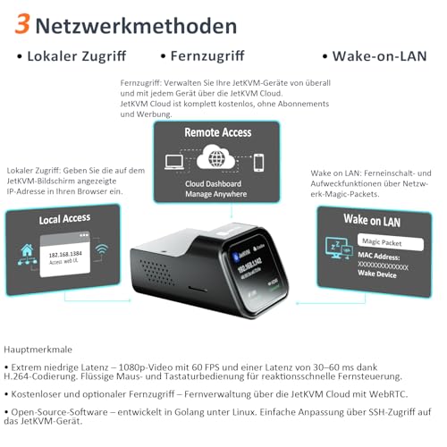 YOTABOX JetKVM Remote Jet KVM Over IP, Open Source IP KVM, Netzwerk KVM | Geringe Latenz, Touchscreen LCD, 1080p bei 60 fps, Fernzugriff auf BIOS-Ebene für Server, PC, NAS & Raspberry Pi