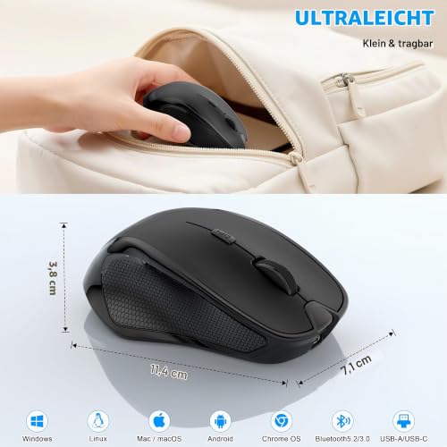 Azmall Ergonomische Maus Kabellos für Laptop/PC/MacBook/iPad, 2.4GHz & Bluetooth Büro Stumme Funkmaus, 1600 DPI Optical Tracking Für Links und Rechtshänder (Schwarz, Silent Kabellose Maus)