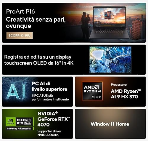 ASUS ProArt P16 OLED H7606WI#B0D5RH8WWR Notebook aus Aluminium mit 16" Glossy Monitor, AMD Ryzen AI 9 HX 370, 32GB RAM, 2TB SSD PCIE, NVIDIA GeForce RTX 4070, Win 11 Home, schwarz
