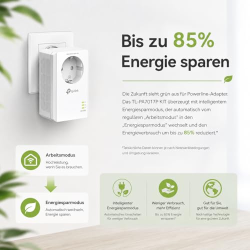 TP-Link Powerline Adapter Set TL-PA7017P KIT(1000Mbit/s, mit Steckdose, Gigabit-Port, Plug&Play, Kompatibel mit Allen HomePlug AV/AV2 Powerline Adaptern, Ideal für Media-Streaming)