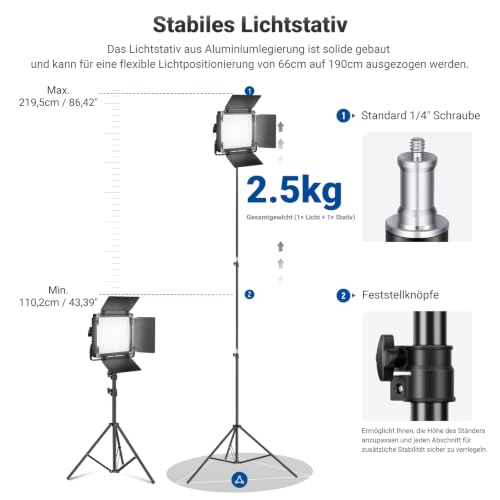NEEWER NL660 2er Pack LED Videoleuchte mit Stativ, Bi Farbe | (2) 3200-5600K CRI96+ dimmbare Panel mit U Halterung, Barndoors und 75" Stativen für Studio/Video