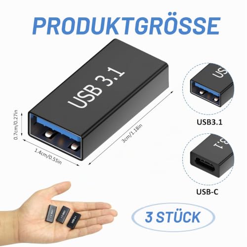 Supecesorio USB C auf USB 3.1 Adapter, 3 Stück USB C Buchse auf USB 3.1 A Buchse Konverter, 5 Gbit/s Übertragungsrate, Adapter A auf C, Zum Anschließen von Zwei Steckern Kabel
