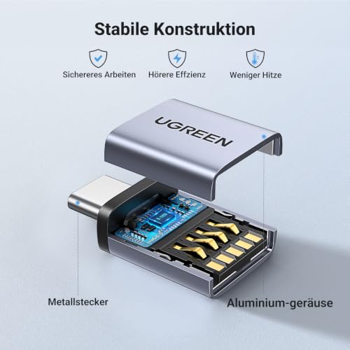 UGREEN 10Gbps USB C Adapter USB C auf USB OTG Adapter 2 Stück (Grau) | USB C 3.2 Stecker auf USB A Buchse Adapter kompatibel mit MacBook Air, iPhone 17/16 Series, iMac, iPad, Galaxy A17/A57/S26