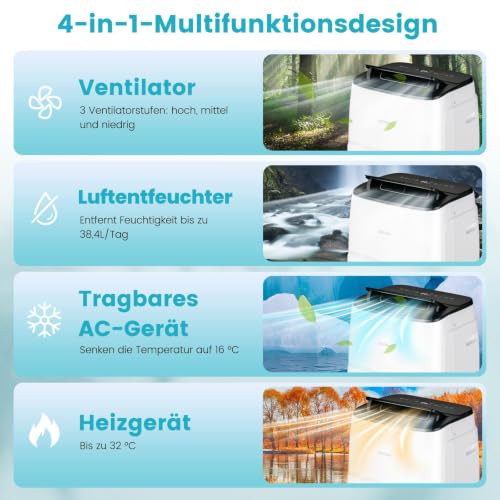 COSTWAY 12000 BTU mobile Klimaanlage mit Abluftschlauch, APP/Fernsteuern | Klimagerät für Raum bis 120 m³, 5 in 1 zum Kühlen & Heizen & Entfeuchten & Ventilieren & Schlafmodus, Automatisches Abtauen