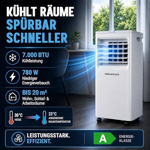 Könighaus Smarte EU Mobile Klimaanlage 7000 BTU – für deutsche Kippfenster geeignet - Kühlung, Entfeuchtung, Ventilator und Luftreinigung – energieeffizient (A) – inkl. Fernbedienung und App