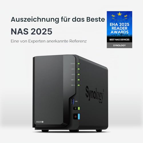 Synology DS225+ 2-Bay Diskstation NAS (Intel Celeron J4125 4-Core 2.0 GHz 2GB DDR4 RAM 2xRJ-45 1GbE LAN-Port)