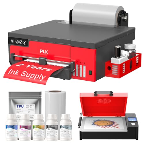 PLK DTF A4 Drucker mit XP600 Druckkopf, Blätter- und Rollenzuführung, Integrierter Folienschneider, DTF L8058 Druckermaschine mit weißem Tintenrührsystem, 100% Transferdruck für (Red, A4 Printer+Oven)