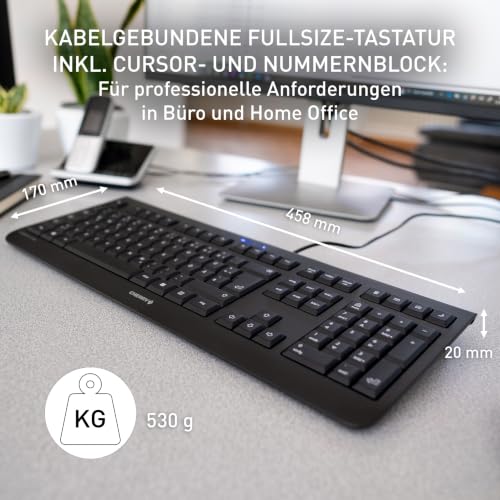 CHERRY KC 1000, Kabelgebundene Office-Tastatur, Deutsch QWERTZ, Schwarz | Fullsize-Layout mit Nummernblock, Plug & Play (USB-A Anschluss), Flaches Design, Leise Tasten, Kabel 1,8 m, GS-Zulassung