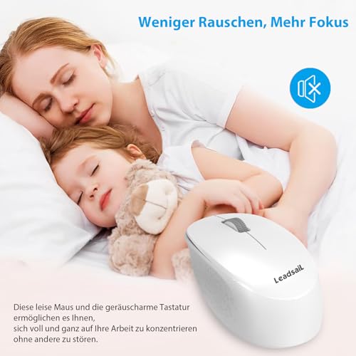 LeadsaiL K786 Tastatur Maus Set Kabellose, Tastatur und Maus, QWERTZ Deutsches Layout Funktastatur mit Maus, Flüsterleiser Tastenanschlag, 2.4 GHz mit 2-in-1 USB Nano Empfänger für PC/Laptop (Weiß)