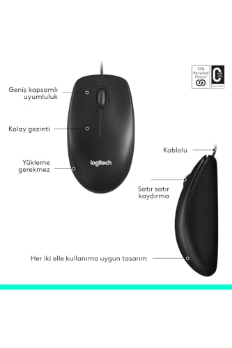 Logitech M90 Maus mit Kabel | 1000 DPI Sensor, USB-Anschluss, 3 Tasten, Für Links- und Rechtshänder, PC/Mac - Schwarz