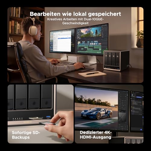 UGREEN NASync DXP4800 GT 4 Bay NAS für Creator und Büroteams (ohne HDD) | AMD Ryzen R2514, Dual 10GbE, 8GB DDR4 bis 64GB, 4K HDMI, 2 × M.2 NVMe-Steckplätze, ECC-Support, U.2 & M.2 Slots