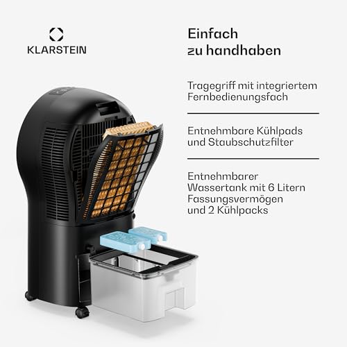 Klarstein Luftkühler mit Wasserkühlung, Verdunstungskühler, 6L Tank, 320 m³/h, Timer & Fernbedienung, tragbares Kühlgerät für Räume & Schlafzimmer, Schwarz