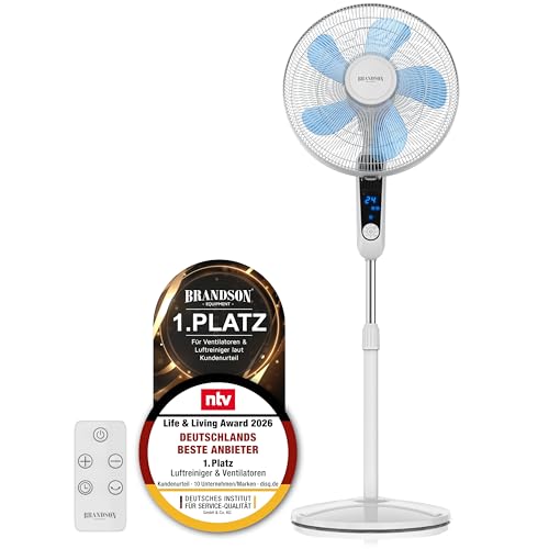 Brandson Standventilator leise, DC-Motor, Fernbedienung, 24 Stufen, Weiß | Ventilator oszillierend 80°, höhenverstellbar, Kopf 35° neigbar, Timer bis 7,5 h, 2934 m³/h, LCD-Display, für Schlafzimmer