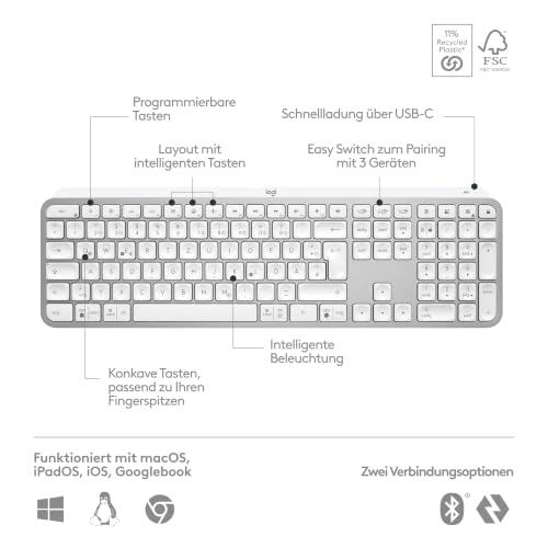 Logitech MX Keys S kabellose Tastatur (Pale Grey) | Low Profile, Fluid Quiet Typing, Programmable, Backlighting, Bluetooth, USB C, für Windows PC, Linux, Chrome, Mac, QWERTZ