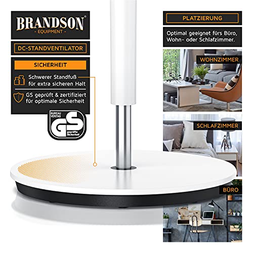 Brandson - DC Standventilator energiesparend ECO - Sieger Ventilatoren 2026 - Fernbedienung - Brushless Silent Motor - sehr leise – Oszilation 60° 90° 120° - 9 Stufen - Turbo Modus - weiß