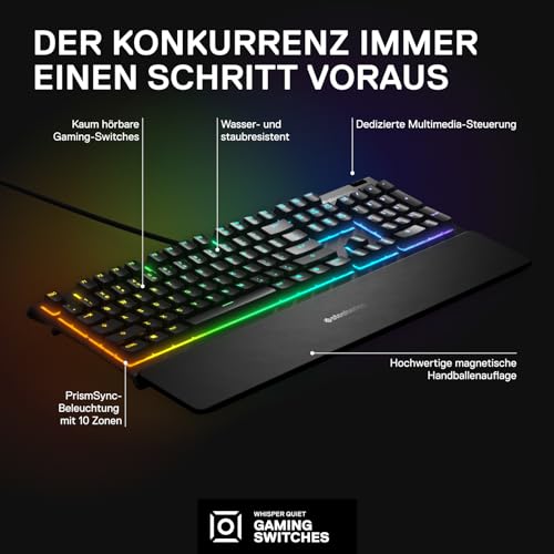 SteelSeries Apex 3 Gaming Tastatur - 10-Zonen RGB-Beleuchtung - Flüsterleise Gaming-Switches - Premium magnetische Handballenauflage - IP32 wassergeschützt - Deutsches (QWERTZ) Layout