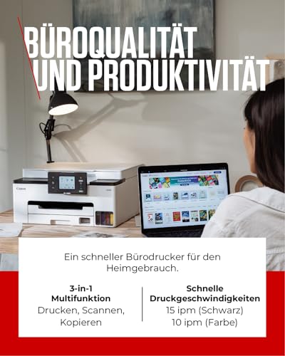 Canon MAXIFY GX1050 Tintenstrahldrucker mit Tank, günstigen Druckkosten | Für Büro und Telearbeit; nachfüllbare Tintenbehälter mit 3.000 Seiten pro Farbe, AirPrint und Mopria, Scannen und Kopieren