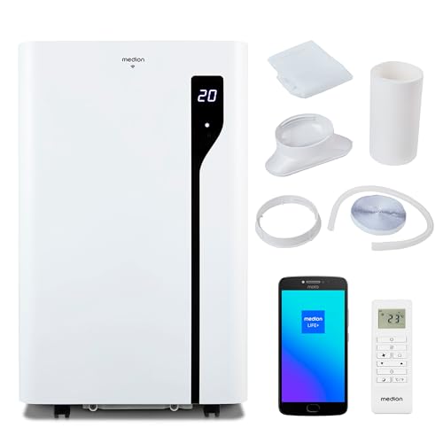 MEDION Smarte Mobile Klimaanlage mit Abluftschlauch P1200 (12000 BTU, mobil, inkl. Fensterabdichtung, bis 36m², 3in1 Kühlen Entfeuchten Ventilieren, App- und Sprachsteuerung, Schlafmodus, MD 37734)