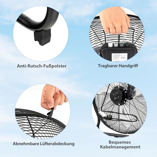 SOARS Bodenventilator 50cm, Windmaschine mit 3-Leistungsstufen, Neigungswinkel 145°, Ventilator Metall mit Handgriff, hoher Luftdurchsatz