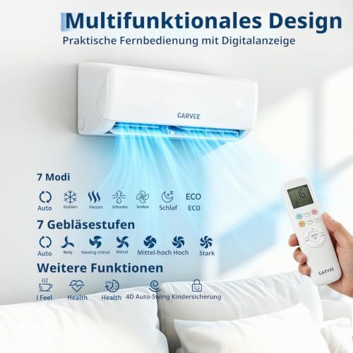 Leise Split-Klimaanlage 24000 BTU (7,2 kW) – Inverter für Heizen & Kühlen – A++ Energieeffizienz – Antibakterieller Verdampfer, Aktivkohlefilter, R32 – WiFi & App-Steuerung