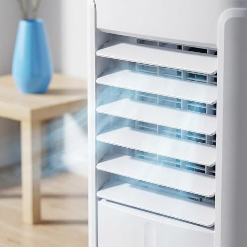 WOMGKDA Tragbarer Luftkühler 3-in-1 Ventilator Entfeuchter für Wohnung Büro Schlafzimmer, Kompakt 4 Geschwindigkeitsstufen Fernbedienung Schlafmodus UK Stecker, 10000 Btu, 10000 BTU