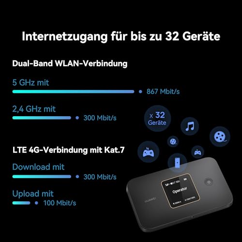 HUAWEI 4G Mobile WiFi 3 (with Screen) Router, Tragbarer mobiler Hotspot | mobiler Router der Kat 7 mit SIM-Karte, LTE mit 300 Mbit/s Download, Kompatibel mit Allen SIM-Karten