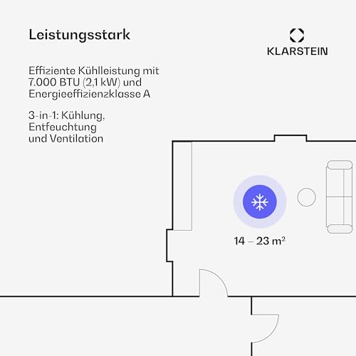 Klarstein Metrobreeze New York Smart 7k Mobiles Klimagerät – 7000 BTU, 21-34 m², App & Fernbedienung, Energieeffizienz A, 3 Geschwindigkeiten, Luftentfeuchter, Timer, Schlafmodus, Weiß