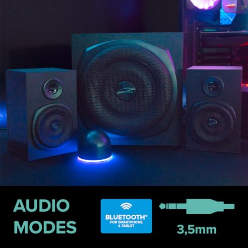 Speedlink Gravity LT PC Lautsprecher 2.1 Soundsystem Bluetooth - mit Subwoofer aus Holz, Aktiv Lautsprechersystem 80 Watt, 3,5mm Klinke AUX, RGB-Tischfernbedienung, schwarz