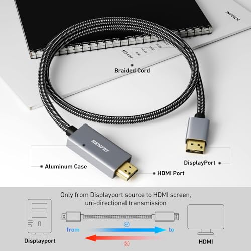 BENFEI 4K DisplayPort auf HDMI Kabel 1,8M [Geflochten, Aluminiumhülse], unidirektionales DisplayPort-Computer zu HDMI-Monitor, DP 1.2 zu HDMI 1.4 kompatibel mit HP ThinkPad AMD NVIDIA Desktop