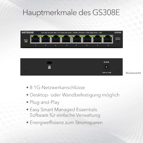 NETGEAR LAN Switch 8 Port, Managed Gigabit Netzwerk Switch GS308E | Desktop/Wandmontage, Heimnetz-Hub, Leiser Betrieb