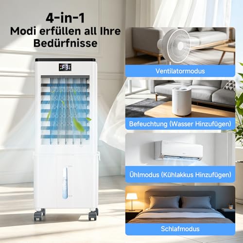 Klimaanlage Mobil 10L, 60W Klimagerät ohne Abluftschlauch 4-in-1, Klimaanlage mit 12H Timer, 4 Modus, 120°Oszillation, Abnehmbare Wassertank, Klimageräte Tragbarer Luftkühler für Wohnung Zimmer Räume