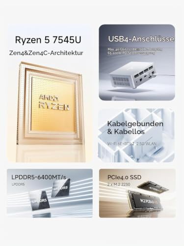 MINIS FORUM Mini PC UM750L Slim, AMD Ryzen 5 7545U 6C/12T Prozessor bis zu 4,9 GHz, AMD Radeon 740M, 16 GB LPDDR5(On Board, 6400MT/s) / 512GB SSD, HDMI/DP/USB4/2,5G RJ45, USB 3.2 x 2, WiFi6E, BT5.2