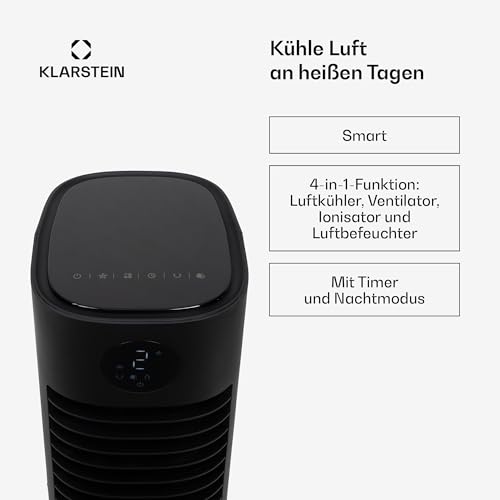 Klarstein Skytower Grand Smart Ventilator Mit Wasserkühlung – 4-in-1 Luftkühler, Luftreiniger & Luftbefeuchter, 460 m³/h, Wi-Fi & App-Steuerung, 8L Tank, Timer, Ionisator, Ideal für Räume, Schwarz