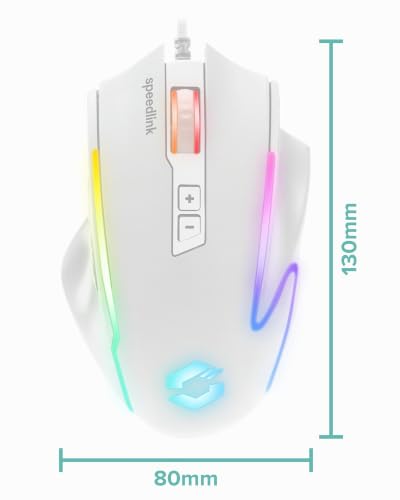 Speedlink DECUS NX - RGB Gaming Maus mit Kabel, bis 12800dpi, Programmierbar, Dauerfeuer Taste, USB kabelgebunden ummantelt, 1000Hz Pollingrate, weiß