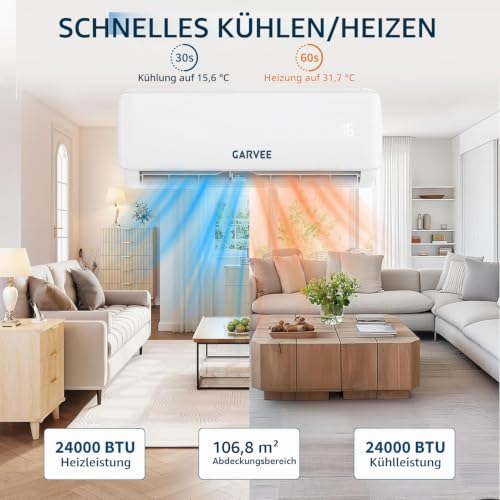 Klimaanlage Split, 24000 BTU Inverter Klimagerät mit Kühlung und Heizung, 7.2kW Split Klimaanlage Wandmontage, WiFi&App, Sehr Leise, R32 Kältemittel, Montagematerial, bis 120qm