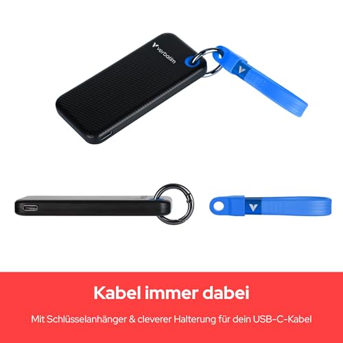 Verbatim Pocket SSD 1TB Externe SSD USB 3.2 Gen2 1000MB/s Schwarz Grau | Externe Festplatte bis 1000MB/s lesen & schreiben, USB-C Kabel und Schutzhülle für PC, Mac, Konsole, Smartphone