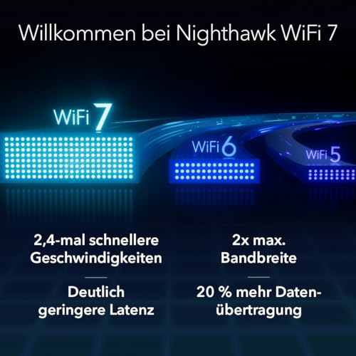 NETGEAR Nighthawk WiFi 7 WLAN Router RS200, Bis zu 185 m², 6,5 Gbit/s | Glasfaser Router, Zuverlässige Leistung, Einfache Einrichtung, 80 Geräte, 1× 2,5G + 3× Gigabit-Ports, Dual Band, BE6500