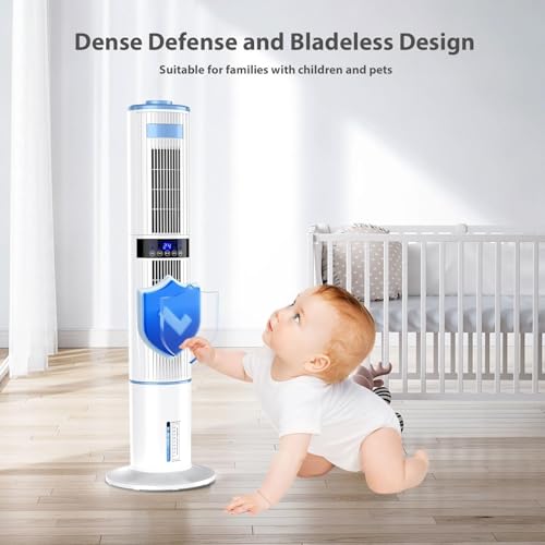 Klimaanlage Mobil, Klimagerät Ohne Abluftschlauch mit leisem Schlafmodus, Turmventilator 65 W, 1–24 Stunden Timer, 4 Modi, 60° und 360° Oszillation, 4 l Wassertank, mit 4 Kühlakku Fernbedienung