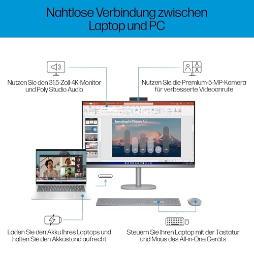 HP OmniStudio X 32-c0275ng All-in-One KI PC, 31.5 Zoll Entspiegeltes UHD-4K-Display, Intel Core Ultra 7 155H, 16 GB DDR5-SDRAM, 1 TB SSD, Intel Arc Graphics, Windows 11 Home, QWERTZ Tastatur, Silber