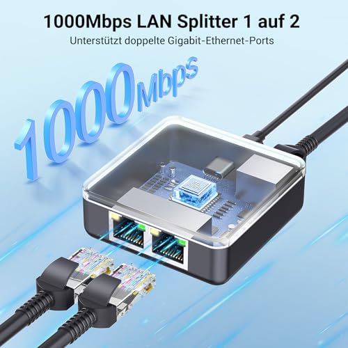 KiWiBiRD LAN Splitter 1 auf 2, LAN Switch 2 Port, LAN Verteiler 1 auf 2 | Ethernet Splitter Gigabit Switch RJ45 1000Mbps für Cat 8 7 6 5 5e, Kompatibel mit Router TV Box PC Laptop PS5