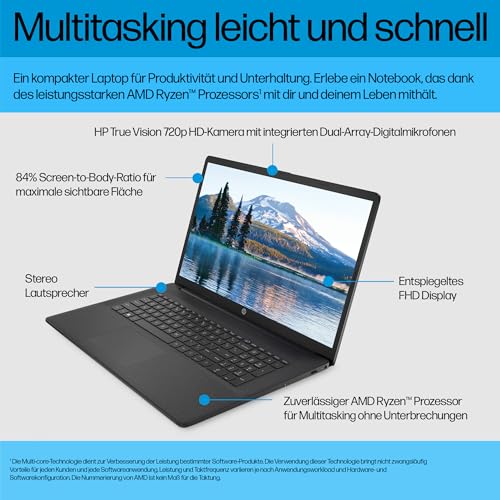 HP Laptop mit 17,3" FHD Display, AMD Ryzen 5 7520U, 8GB DDR5 RAM, 512 GB SSD, AMD Radeon-Grafik, Windows 11, QWERTZ, Schwarz inkl. 25 GB Dropbox-Speicher für 12 Monate