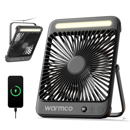 Warmco D4 Akku Camping Ventilator 20000mAh, LED-Lampe, 15–48 Std. | Leiser Ultraflacher Ventilator Mit Display & Haken Für Zelt, Büro, Wohnmobil, Schlafzimmer Und Stromausfall