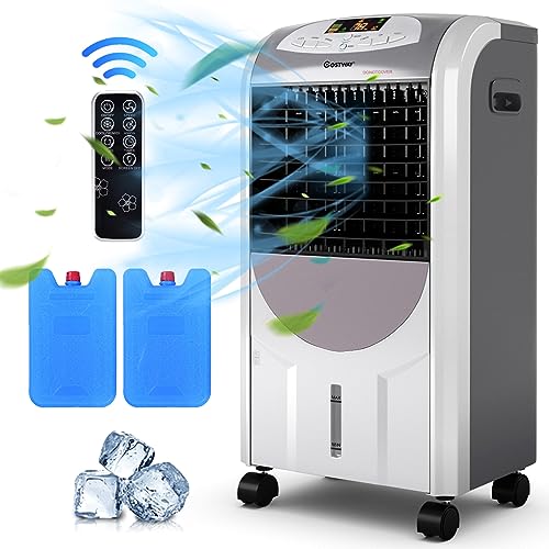 COSTWAY Mobile Klimaanlage ohne Abluftschlauch, 4 in 1 Luftkühler & Luftbefeuchter & Ventilator & Heizlüfter, 7L Wassertank, 8H Timer, Schwenkbereich: 70°, 3 Geschwindigkeiten, inkl. 2 Kühlakkus