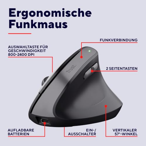 Trust Yuno Wiederaufladbare Vertikale Maus, Kabellose Ergonomische Maus | Vorbeugung Gegen Mausarm/Tennisarm (RSI Syndrom) für Rechtshänder, 2.4GHz, 800-2400 DPI, PC Mac