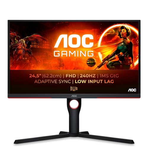 AOC 25G3ZM/BK 25 zoll FHD Gaming Monitor, 240Hz, Fast VA Panel, 1ms GtG, , FreeSync Premium, Höhenverstellung,(1920x1080 HDMI 2x 2.0 DP 1x 1.2)Schwarz/Rot