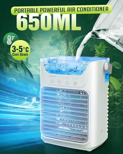 Tragbarer Verdunstungskühler mit 3 Geschwindigkeitsstufen, 2 Nebelstufen, 650 ml Wassertank, 7 Farbleuchten – ideal für Schlafzimmer, Büro und Camping.