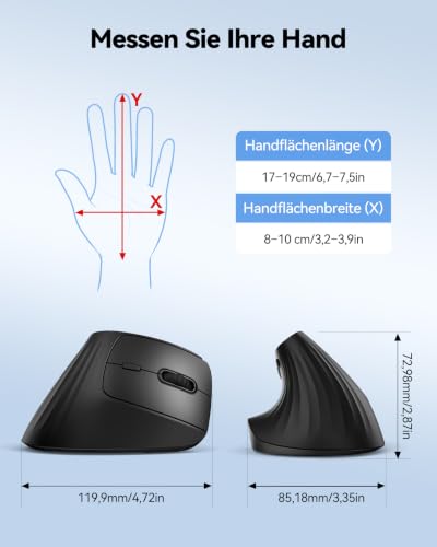 TECKNET Ergonomische Maus Kabellos, Bluetooth Vertikale Maus (BT 1+BT 2+2.4G), 5 Einstellstufen bis 4800 DPI, USB-A-Empfänger, Wiederaufladbar Leise Funkmaus für Laptop PC Computer Windows, Schwarz