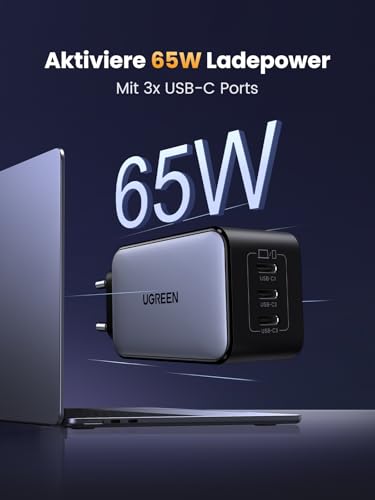 UGREEN Nexode 65W USB C Ladegerät, 3-Port, GaN Netzteil, PPS Charger 60W